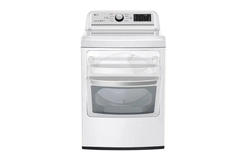 Front of LG 7.3 Cu. Ft. Electric Dryer with Steam and Sensor Dry in White with Easy Load Door ajar