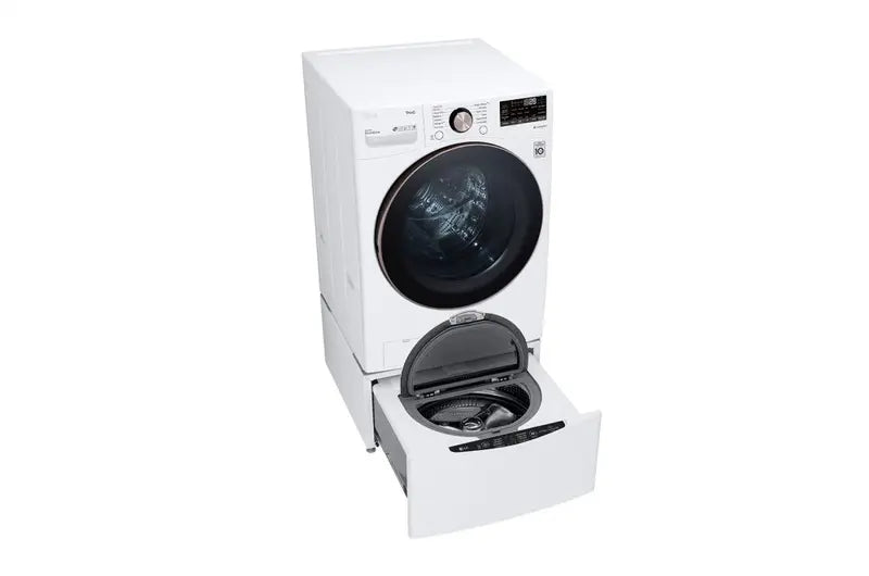 LG 4.5 Cu. Ft. Ultra Large Capacity Front Load Washer on pedestal with storage drawer opened