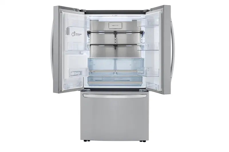 Front of LG 36" 24 Cu. Ft. Counter Depth French Door Refrigerator with External Dispenser and Craft Ice™ with doors open 