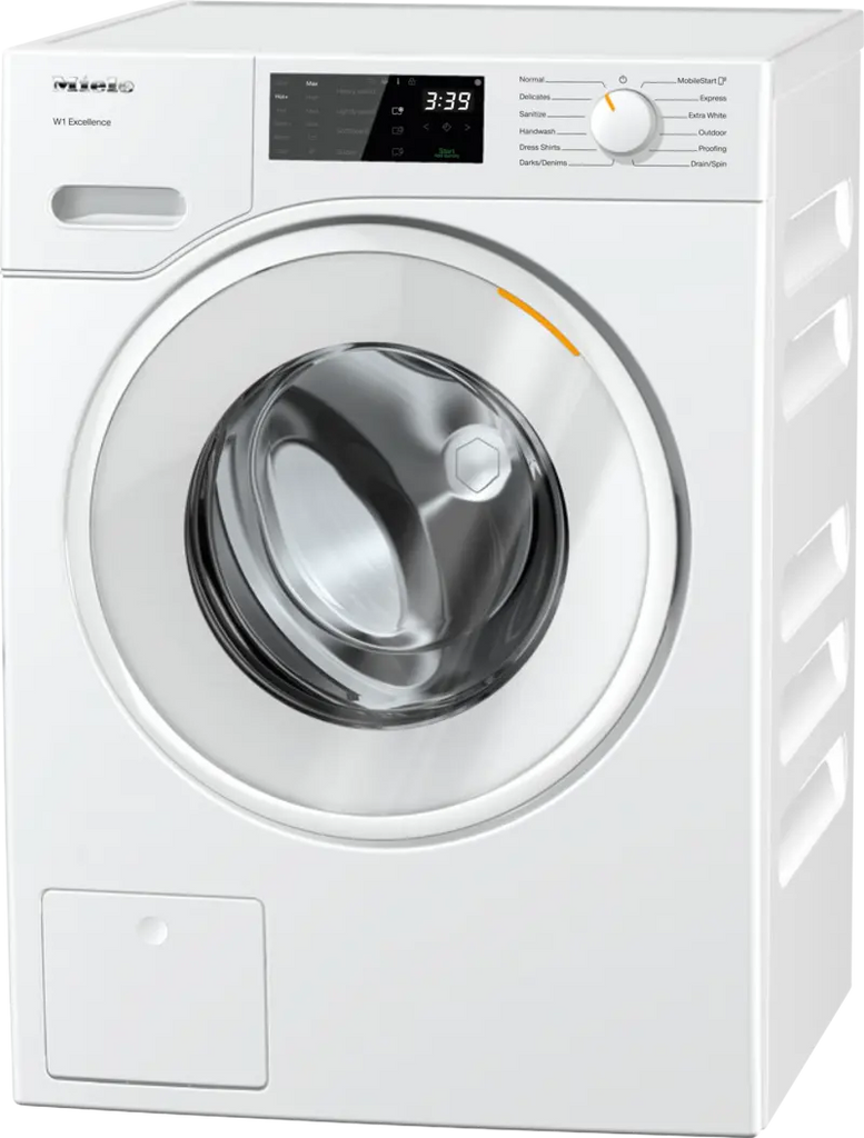Front of Miele 24" Compact Front Load Washer with 2.26 Cu. Ft.Capacity, CapDosing, Honeycomb Washer Drum, SoftSteam in white