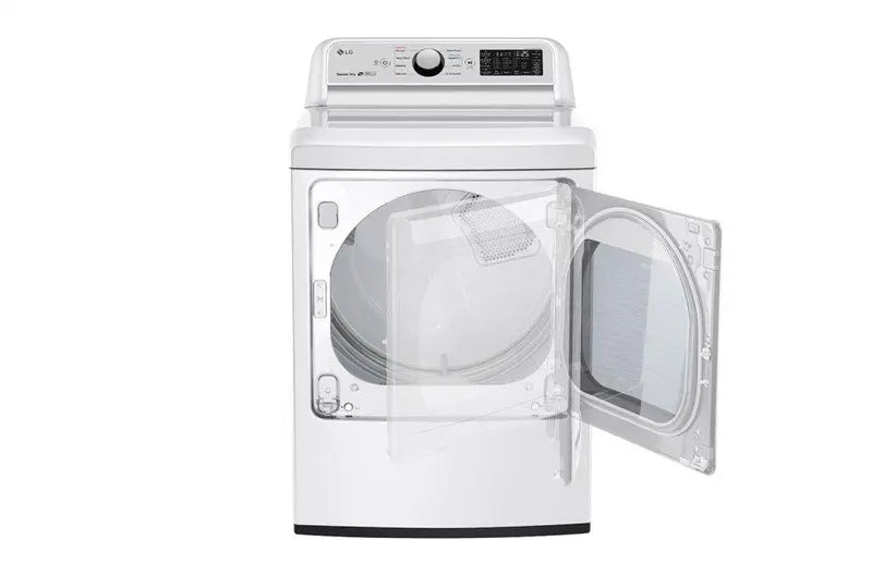 Front of LG 7.3 Cu. Ft. Electric Dryer with Steam and Sensor Dry in White with Door opened
