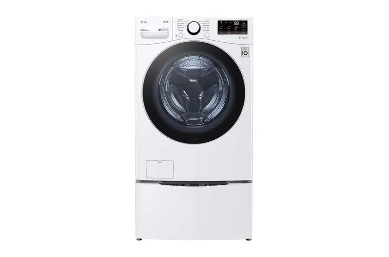 Front of LG 4.5 Cu. Ft. Ultra Large Capacity Front Load Washer on pedestal 