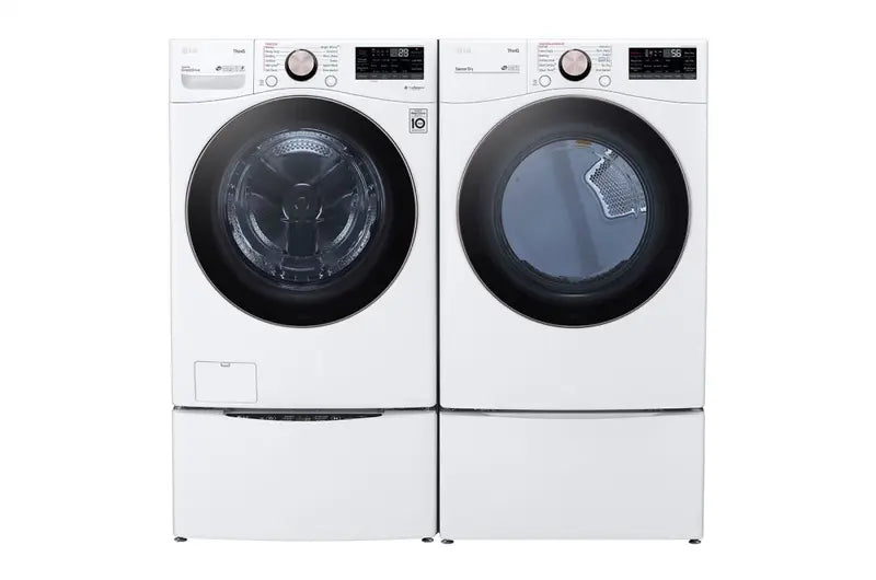 LG 7.4 Cu. Ft. Ultra Large Capacity Front Load Electric Dryer with TurboSteam™ with matching washer on pedestals