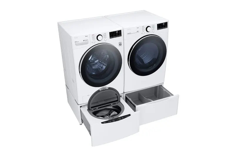 LG 4.5 Cu. Ft. Ultra Large Capacity Front Load Washer with Steam Technology and matching dryer and pedestals with storage drawers