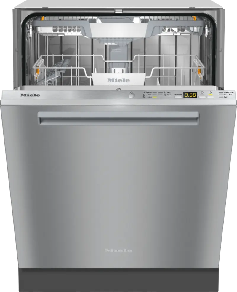 Miele 5000 Series Pocket Handle Dishwasher, 6 cycles, 42 dBA, 3D MultiFlex Tray, Water Softener - Stainless Steel with door opened