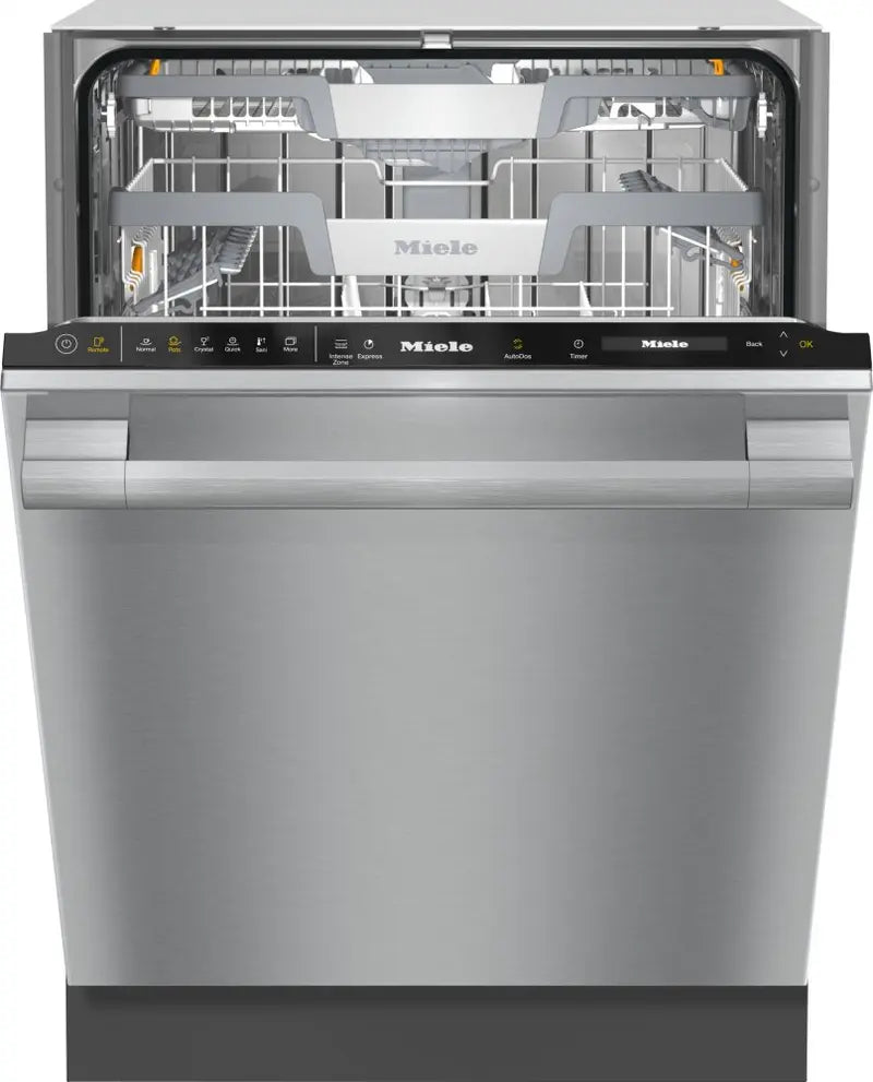 Front of Miele 7000 Series Contour Handle Dishwasher, 9 cycles, 40 dBA, 3D MultiFlex Tray, Water Softener, AutoDos with Power Disk in Stainless Steel with door opened